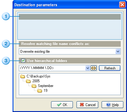 Action destination parameters window